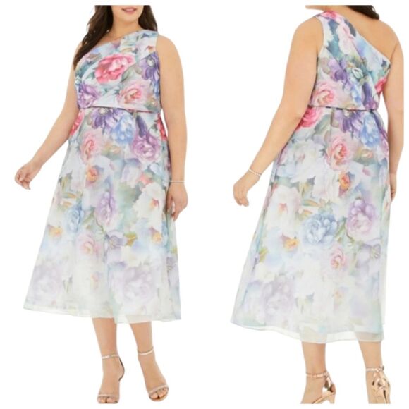 Adrianna Papell One Shoulder Ivory Sheer Floral Print Dress - Picture 1 of 4